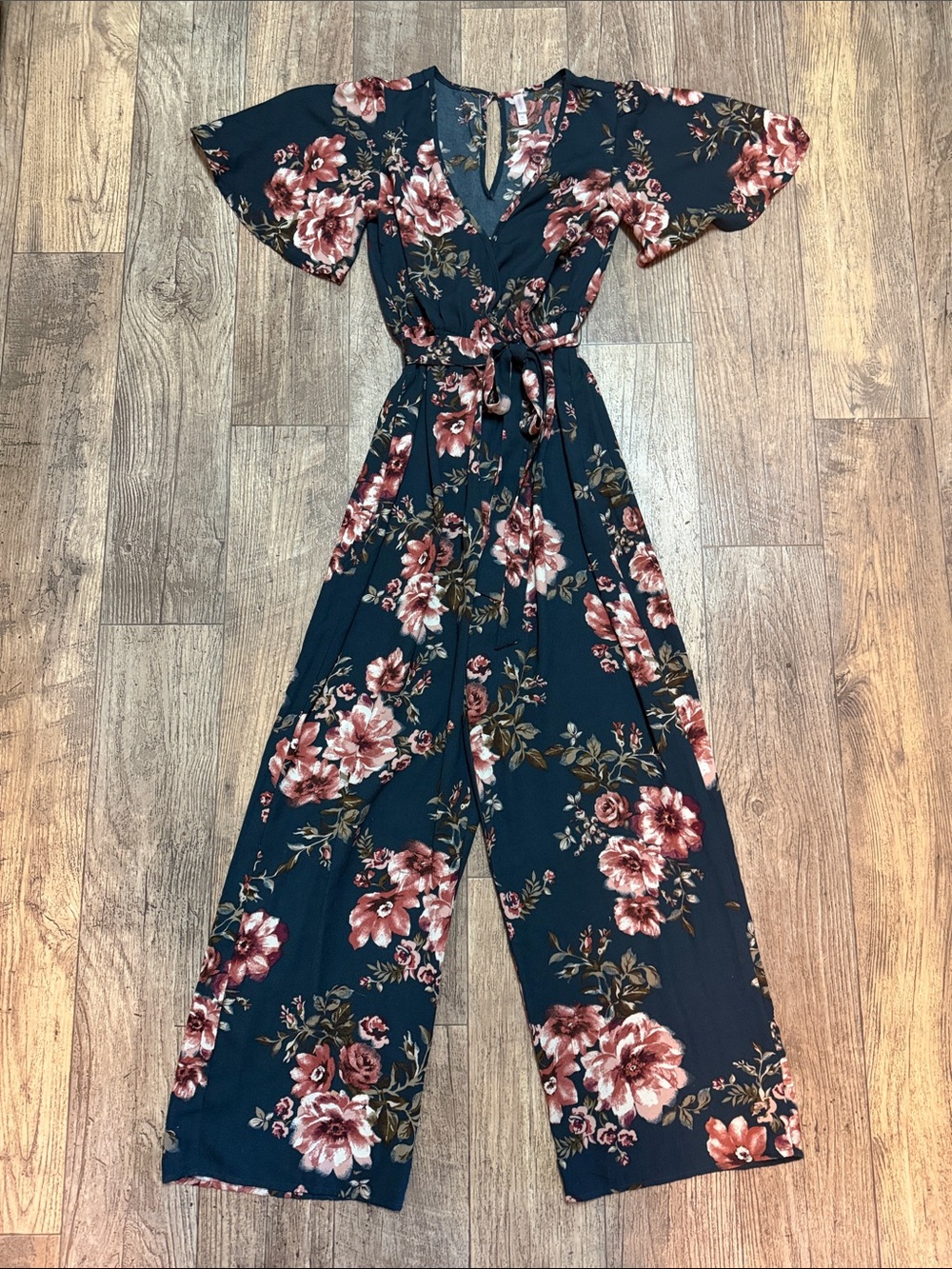 Floral Wrap Jumpsuit - Navy with Rose Print